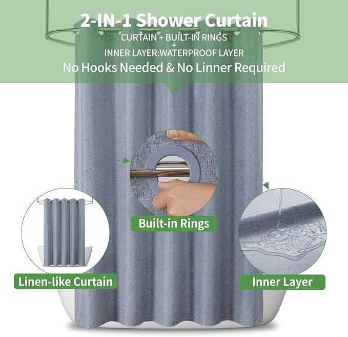 Extra Long No Hooks & No Liner Needed Fabric Shower Curtain,71x86,Blue Grey | Linen Texture,100% Waterproof TPU Laminated Layer,Bottom Magnets,Machine Washable,Hotel Style Bathroom Curtain For Shower,Tub