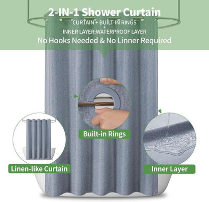 Extra Long No Hooks & No Liner Needed Fabric Shower Curtain,71x86,Blue Grey | Linen Texture,100% Waterproof TPU Laminated Layer,Bottom Magnets,Machine Washable,Hotel Style Bathroom Curtain For Shower,Tub