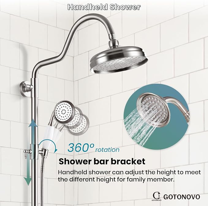 gotonovo Exposed Shower Faucet Set Luxury,Brushed Nickel,Curved Arc Rod | Bathroom 8” Shower Head with Handheld Spray System Fixtures,Vintage Two Cross Handle,Wall Mount,for 5-6.7" Hole,Adjust Height