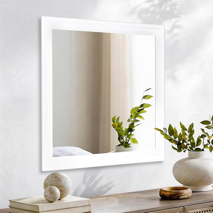 CULER White Wall Mirror for Bathroom,Rectangle 30 x 30 inch Vanity Mirrors | Hanging Square Rustic Mirror for Living Room,Bedroom,Entryway