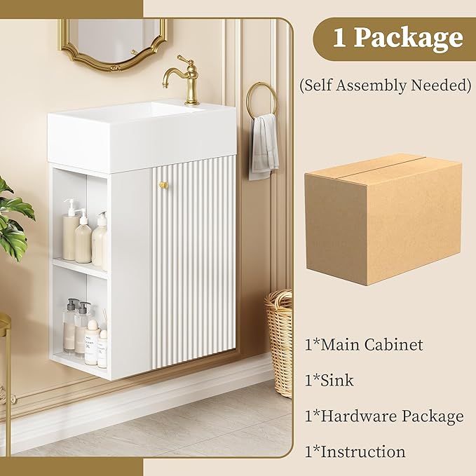 18.5" Floating Bathroom Vanity with Sink, Soft Closing Doors, Wood Modern Single Small Bathroom Vanity Cabinet with Open Shelf, Wall Mounted (White, Left Shelves)