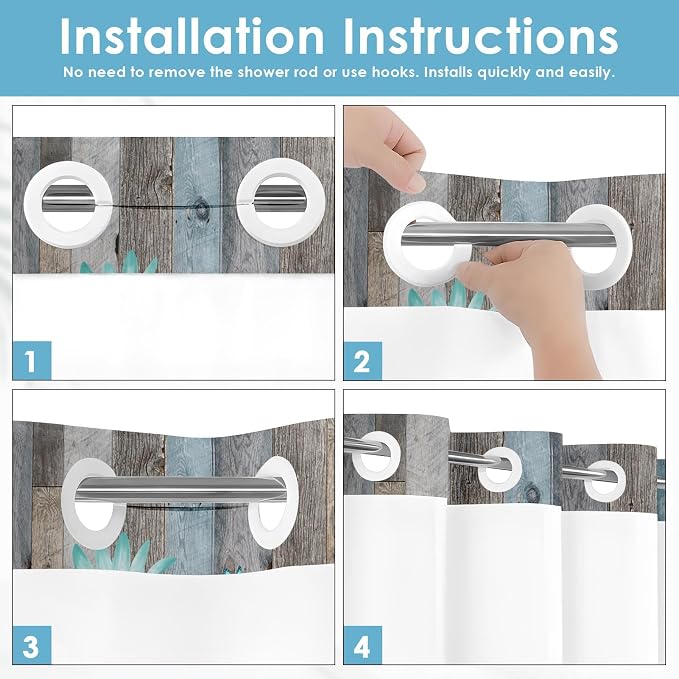 No Hook Shower Curtain with Snap in Liner 71x74 Inch Teal Daisy | Butterfly Farmhouse Rustic Modern Double Layers Waterproof Fabric with See Through Top Window Open Grommet Bath Curtain