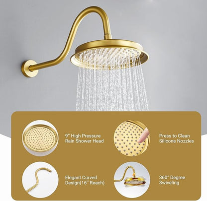 DASAN Rain Shower System Complete Antique Shower Faucet Sets, Shower Fixtures Combo with Pressure Balance Valve, Trim Kit, 9'' Rainfall Overhead Shower & Handheld, Color Brushed Gold AT209W-BTG