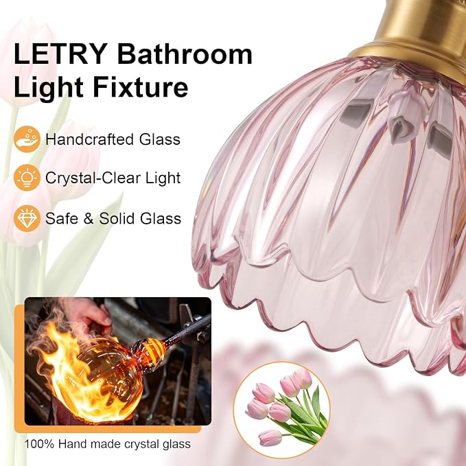 Bathroom Light Fixtures, 4-Light Brushed Gold Vanity Lights for Bathroom with Pink Tulip Glass Shade, 26" Vintage Bathroom Vanity Lighting Fixtures Over Mirror for Bedroom Living Room Hallway