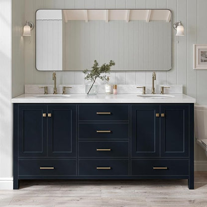 ARIEL Cambridge 72-inch Bathroom Vanity with Sink,Solid Wood, 1.5-inch Italian Carrara Marble Countertop, Double Oval Porcelain Sink, 4 Soft Closing Doors, 6 Dovetail Drawers, Midnight Blue