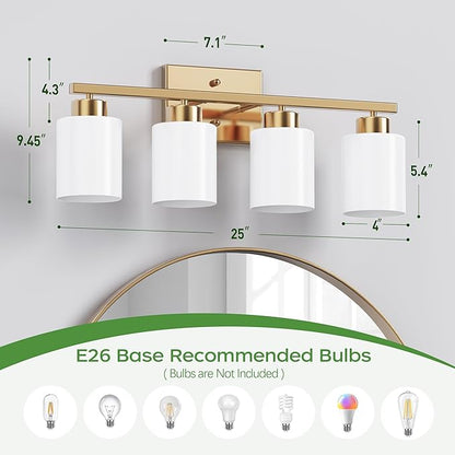 PARTPHONER 4-Light Brushed Gold Bathroom Light Fixtures, Modern Vanity Light Over Mirror Lighting, Wall Sconce with Frosted Milky White Glass Shades for Bedroom Living Room Kitchen Hallway