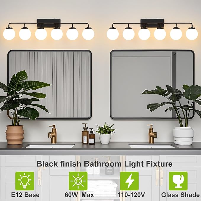 Bathroom Light Fixtures 45.3in 6-Light Matte Black Vanity Lights for Mirror | Dimmable Bathroom Lighting Fixtures over Mirror, ETL, E12 Base Max 60W, Modern Wall Sconce, Milky White Glass Ball Shades