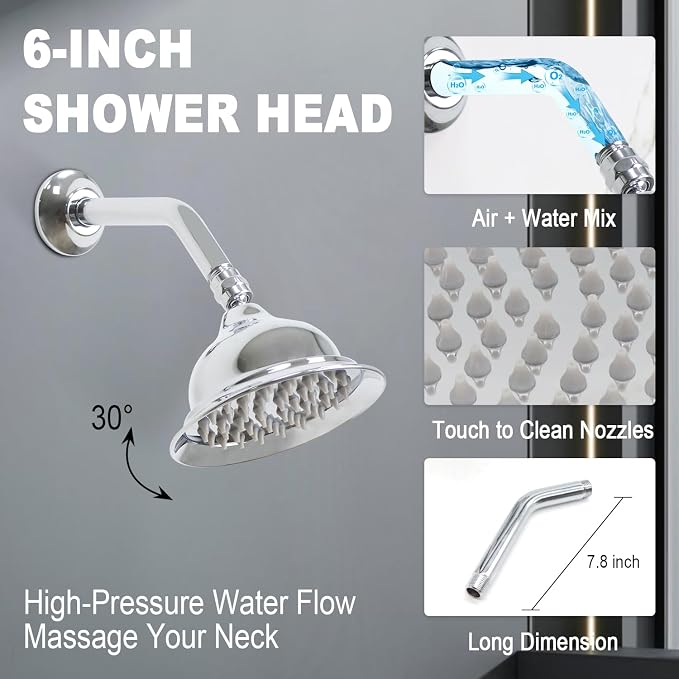 Enga Antique Shower Faucet Sets Dual Heads with Tub Spout 8" Ceiling & 6" Wall Mount Vintage Shower Head Handheld Spray Combo, 4 Way Diverter Brass Rough in with Trim Kit, Chrome