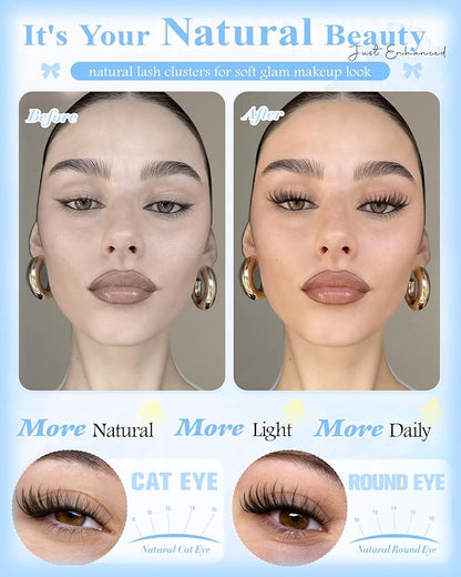 Wispy Lash Clusters Natural Eyelash Clusters 8-16mm Cluster Eyelash Extensions CD Curl Individual Wispy Lashes Clusters with Wet Spikes Clear Band Lash Extensions for Natural Look
