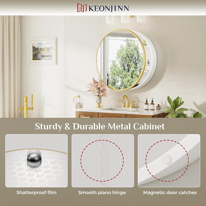 Keonjinn 20x20 in Round Medicine Cabinet Mirror for Bathroom, Wall Mounted | Gold Medicine Cabinet Mirror, Shatter-proof, Rust Resistant, Adjustable Shelves, Smooth Piano Hinge, Magnetic Door Bumpers