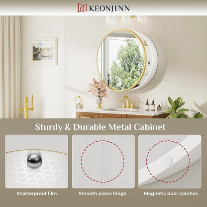 Keonjinn 20x20 in Round Medicine Cabinet Mirror for Bathroom, Wall Mounted | Gold Medicine Cabinet Mirror, Shatter-proof, Rust Resistant, Adjustable Shelves, Smooth Piano Hinge, Magnetic Door Bumpers