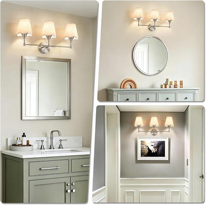 Brushed Nickel Bathroom Vanity Light: 3 Light Vanity Lighting Fixtures with Flared Fabric Shade, Modern Bathroom Lighting Fixtures over Mirror, Wall Sconce Lights for Bedroom Hallway Living Room