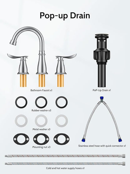 Bathroom Faucets for Sink 3 Hole, 4 Inch Brushed Nickel Faucet Bathroom with 2 Hot/Cold Handles, Pop-Up Drain, Lead-Free, No-Leak, RV Sink Faucet for Bath, Camper