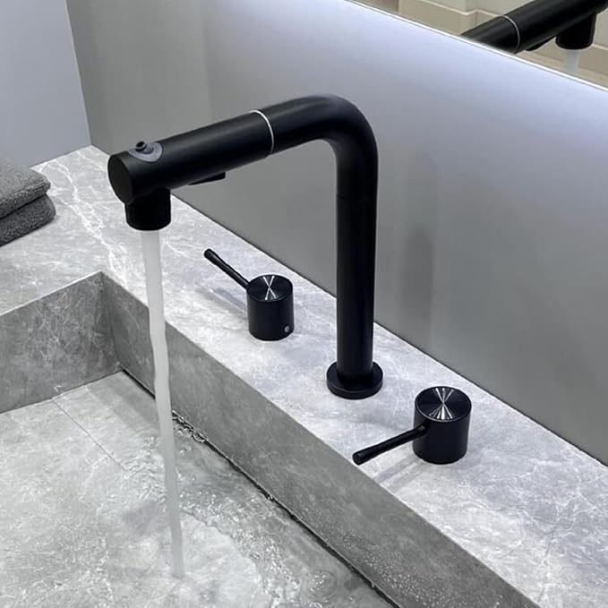 3 Hole Basin Faucets Pull Out Basin Mixer Faucet Brass-Black