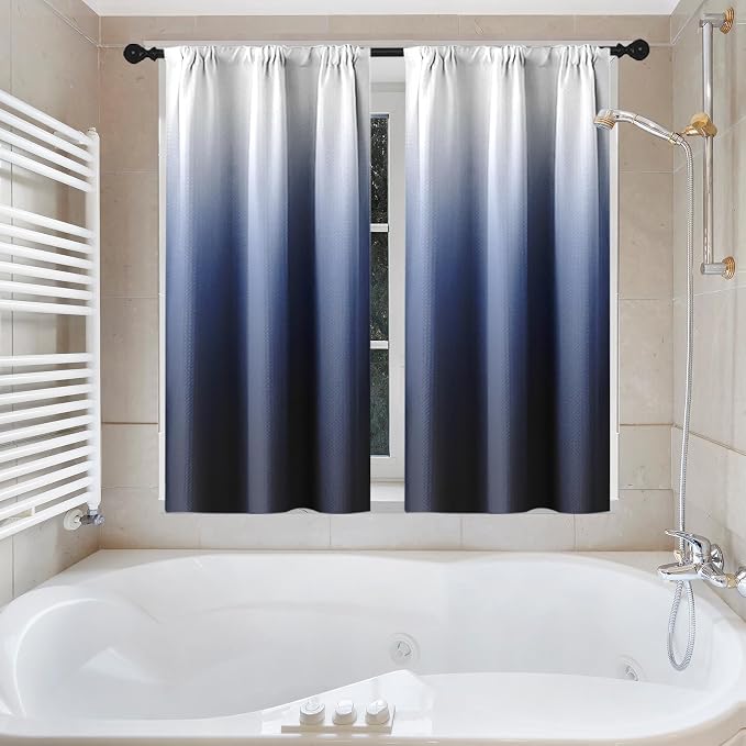 Shower Curtain Set, for Bathroom Decor 72" x 72", Ombre Gradient | Modern Navy Blue Waffle Textured Cloth Waterproof Matching Window Shower Curtain 36 x 30 Inches