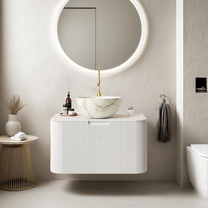 24" Floating Bathroom Vanity with Sink, Modern Bathroom Cabinet with Bowl Shape Ceramic Basin and Marble Top, Extra Large Storage Drawer, Soft-Close Design, Pre-Assembled Cabinet, White