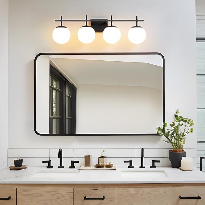 AIJIASI Bathroom Lighting Fixtures Over Mirror, 4-Light Matte Black Vanity Light, 30.7 Inch Modern Bathroom Light Fixtures with Milky White Glass Globe Shade Bath Vanity Lighting Fixtures Wall Sconce