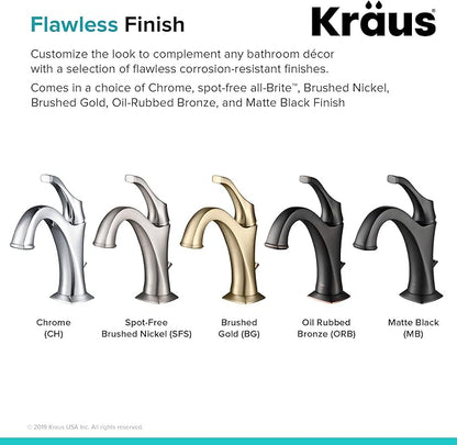 KRAUS KBF-1201BG Arlo Single Handle Basin Bathroom Faucet with Lift Rod Drain and Deck Plate, Brushed Gold