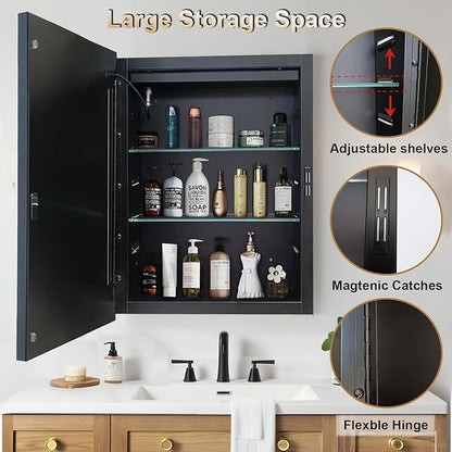 LED Lighted Medicine Cabinet with Mirror, Recessed or Wall Mounted Bathroom Mirror with Storage, Anti-Fog, 3-Color Dimming, Adjustable Shelves, Black Metal Frame - 14x18 inch