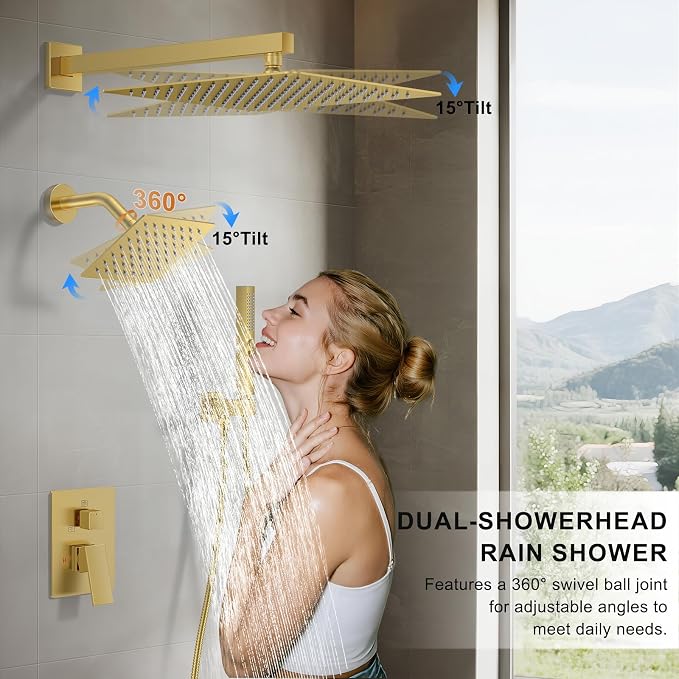 Rain Shower System 12" & 6" Dual Shower Heads, Wall Mount Shower Faucet Set | Ideal for bathroom remodels and upgrades with 12" rain shower, 6" angled shower, handheld spray and complete valve kit.
