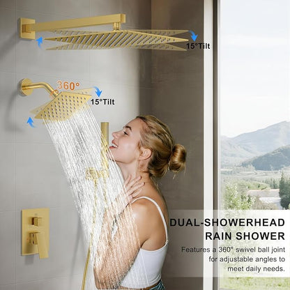 Rain Shower System 12" & 6" Dual Shower Heads, Wall Mount Shower Faucet Set | Ideal for bathroom remodels and upgrades with 12" rain shower, 6" angled shower, handheld spray and complete valve kit.