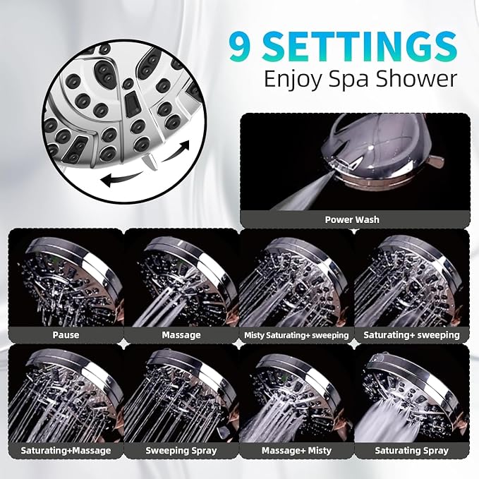 BESAQUO Shower Head, 9 Settings High Pressure shower head with handheld, Built-in Pause Mode & Power Wash, Non-Clogging Nozzles, 6ft Hose,Bracket (Premium Chrome)