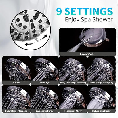 BESAQUO Shower Head, 9 Settings High Pressure shower head with handheld, Built-in Pause Mode & Power Wash, Non-Clogging Nozzles, 6ft Hose,Bracket (Premium Chrome)