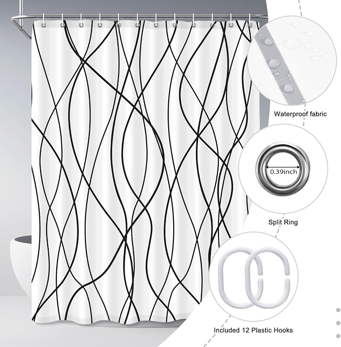 Striped Shower Curtain for Bathroom, White Black, 72" W x 84" L | with Hooks, Modern Hotel Style, Water Repellent, Washable, Weighted Hem
