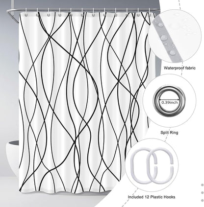Striped Shower Curtain for Bathroom, White Black, 72" W x 84" L | with Hooks, Modern Hotel Style, Water Repellent, Washable, Weighted Hem