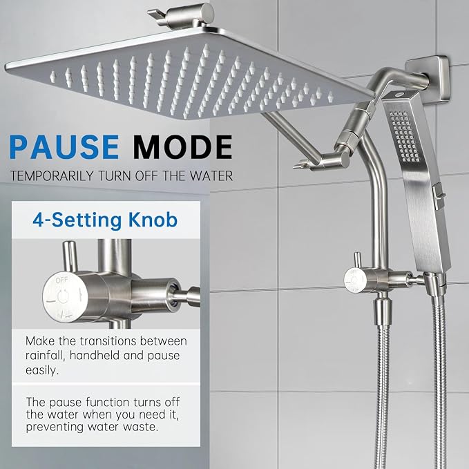 G-Promise 10 Inch All Metal Rain Shower Head with Handheld (Brushed Nickel) | Full Body Coverage, Pause Mode Diverter, Power Wash Mode Handheld, Suits Every Height, Easy to Install, Modern Bath Upgrade