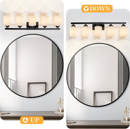 Bathroom Light Fixtures, Vanity Light Over Mirror Black 5-Light Fixture | Modern bathroom vanity light fixture with metal frame, ideal for mirrors, bedrooms and hallways. Fits E26 bulbs.