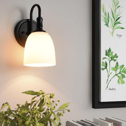 Vintage Traditional Black 1-Light Indoor Wall Sconce with Frosted Glass Bathroom Bedroom Hallway, 10.6" H x 5.3" W, Matte Black