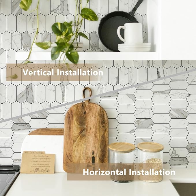 Vamos Tile Long Hexagon Peel and Stick Backsplash Tile - 10 Sheets Stick on Backsplash for Kitchen and Bathroom 12.4 x 12 Inch Glossy Carrara White PVC Self Adhesive Mosaic Wall Tiles