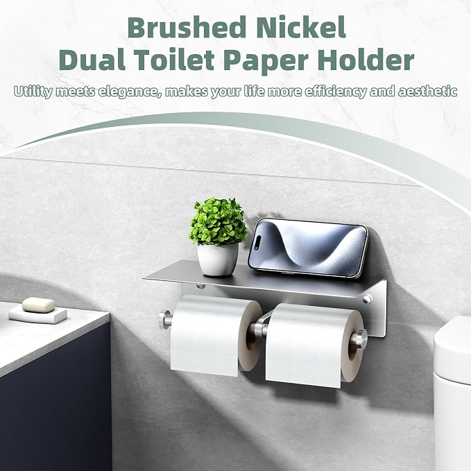 Brushed Nickel Double Toilet Paper Holder with Shelf, Wall Mounted | 304 Stainless Steel, Rust-resistant for Bathroom Restroom Powder Room, Dual Rolls Tissue Holder, Large Phone Storage
