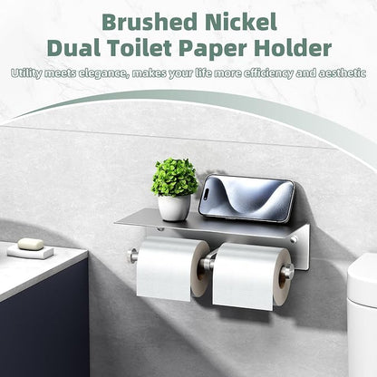Brushed Nickel Double Toilet Paper Holder with Shelf, Wall Mounted | 304 Stainless Steel, Rust-resistant for Bathroom Restroom Powder Room, Dual Rolls Tissue Holder, Large Phone Storage