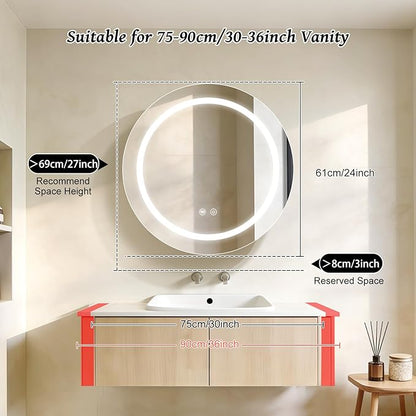 24inch Round Medicine Cabinet with Lights,Led Medicine Cabinet with Defogger,Illuminated Mirror Cabinet for Bathroom,Dimmable,Anti-Fog,3 Colors,Surface Mount Only,Gold