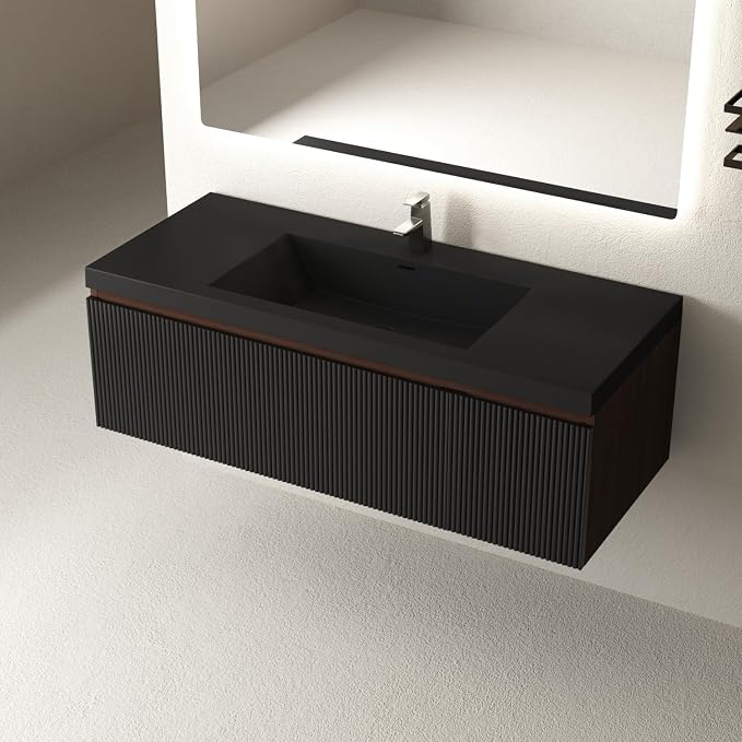48 Inch Floating Bathroom Vanity with Sink, Wall Mounted Striped Storage Cabinet, Soft Close Drawer, Black Quartz Sand Basin, Fully Assembled, Smoked Walnut Finish