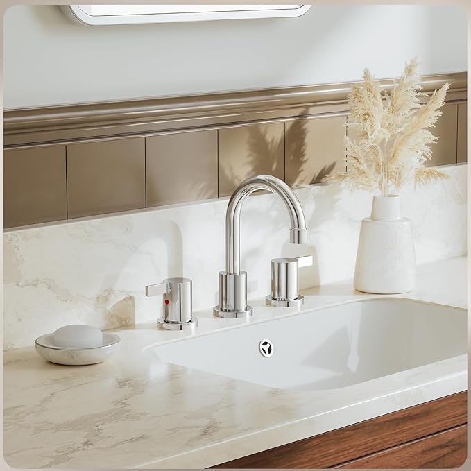 Phiestina 8 Inch 3 Hole Widespread Chrome Bathroom Faucet 2 Handle Bathroom Vanity Faucet with Metal Pop Up Drain & Water Supply line,BF03042-K01-C