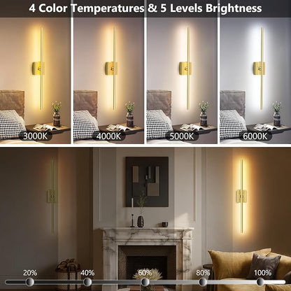 Eneru Battery Operated Wall Sconce 1 Pack, Gold Wireless Wall Light 31.5in | Rechargeable 10000mAh, Touch and Remote Control, 360° Rotate, 4CCT Dimmable, Wall Lamp for Living Room Bedroom Hallway