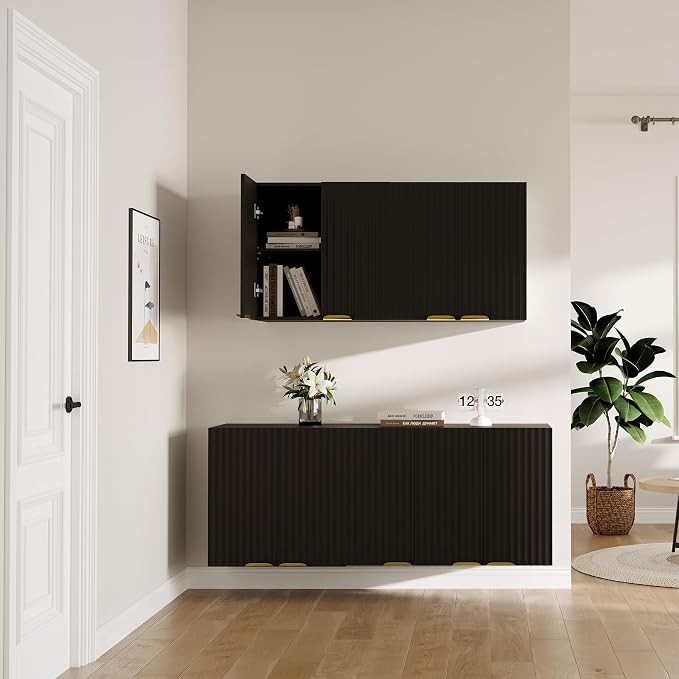 ChooChoo Bathroom Wall Cabinet, Laundry Room Cabinet with 2 Fluted Doors | Kitchen Storage Cupboard Cabinet with Adjustable Shelf, Fluted Wall-Mounted Medicine Cabinet for Kitchen, Garage, Black