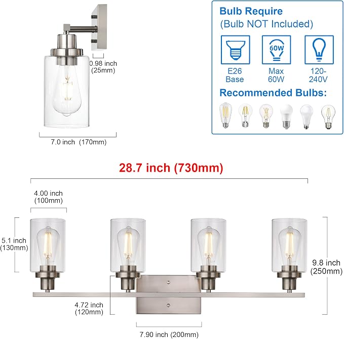 MELUCEE Bathroom Light Fixtures Brushed Nickel 4 Heads with Clear Glass | Modern Vanity Lights Wall Sconce with Clear Glass Shade for Hallway Kitchen Bedroom Living Room (Patent No.: US D963914 S)