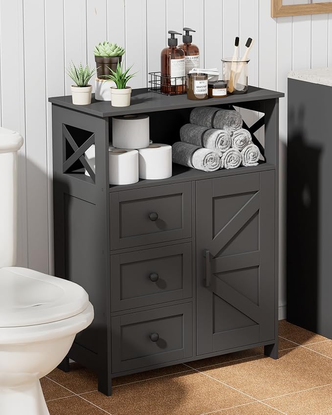 Homhedy Bathroom Storage Cabinet with 3 Drawers, Toilet Paper Cabinet | Farmhouse Freestanding Floor Cabinet with Door and Adjustable Shelf, Small Cabinet for Bathroom, Living Room, Black