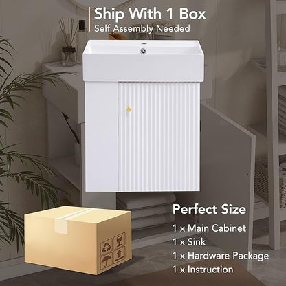 Merax 20" White Bathroom Vanity, Wall Mounted Floating Vanity with Doors & Open Shelf, Bathroom Storage Cabinet with White Ceramic Integrated Sink