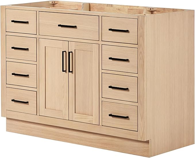 ARIEL Hepburn 48-inch Bathroom Vanity Base Cabinet,Solid Wood, 2 Soft Closing Doors, 9 Dovetail Drawers, White Oak