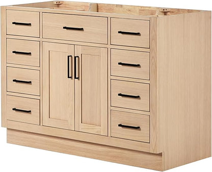ARIEL Hepburn 48-inch Bathroom Vanity Base Cabinet,Solid Wood, 2 Soft Closing Doors, 9 Dovetail Drawers, White Oak