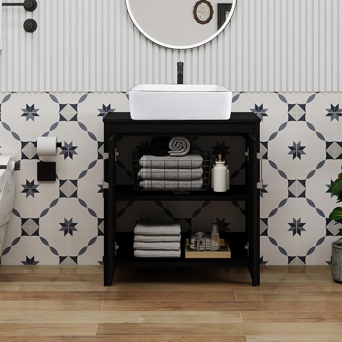 YOURLITE Bathroom Vanity with Sink,30" Black Bathroom Vanity Cabinet with White Ceramic Sink Faucet & Pop Up Drain Set