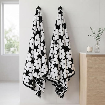 Black Bath Towels Set of 2, Super Soft & Quick Drying 27.5x55 Inches | Decorative Floral Jacquard Shower Towels for Bathroom, Cotton