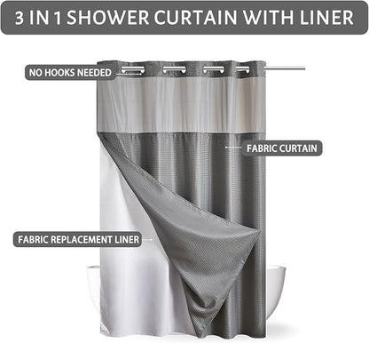 Furlinic No Hook Waffle Weave Shower Curtain with Snap in Fabric Liner,Honeycomb Textured Bathroom Curtains with See Through Top Window,Waterproof & Machine Washable,Light Grey,71x78 Inch
