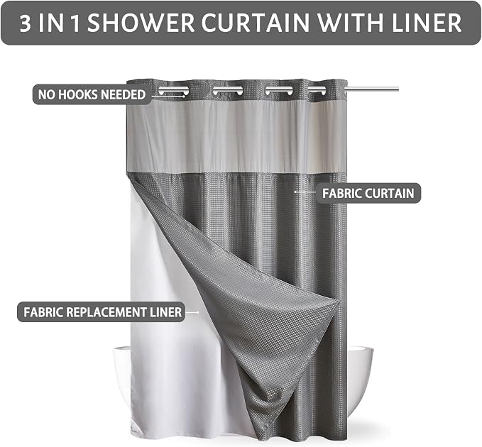 Furlinic No Hook Shower Curtain with Snap in Fabric Liner Set,Waffle Weave Heavy Duty Bathroom Curtain with See Through Window,Waterproof & Machine Washable,Hotel Style,Light Grey,71x75 Inch