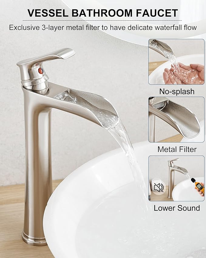 Brushed Nickel Bathroom Faucet Brass Waterfall Faucet for Bathroom Sink, Tall Vessel Sink Faucets, Vanity Faucet 1 Hole Single Handle with Pop-Up Drain Supply Hoses for Lavatory RV Farmhouse